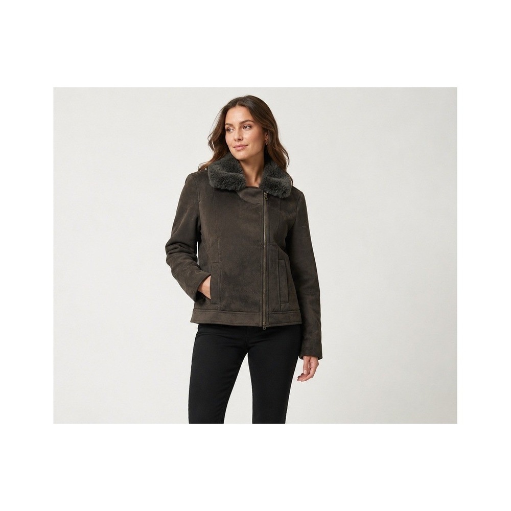Catherine Malandrino Jacket Womens XS Brown Faux Suede Faux Fur Trim Full Zip